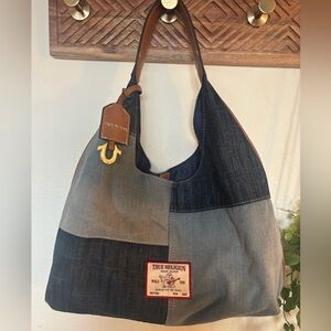 True Religion Denim Tote with Brown Leather Accents